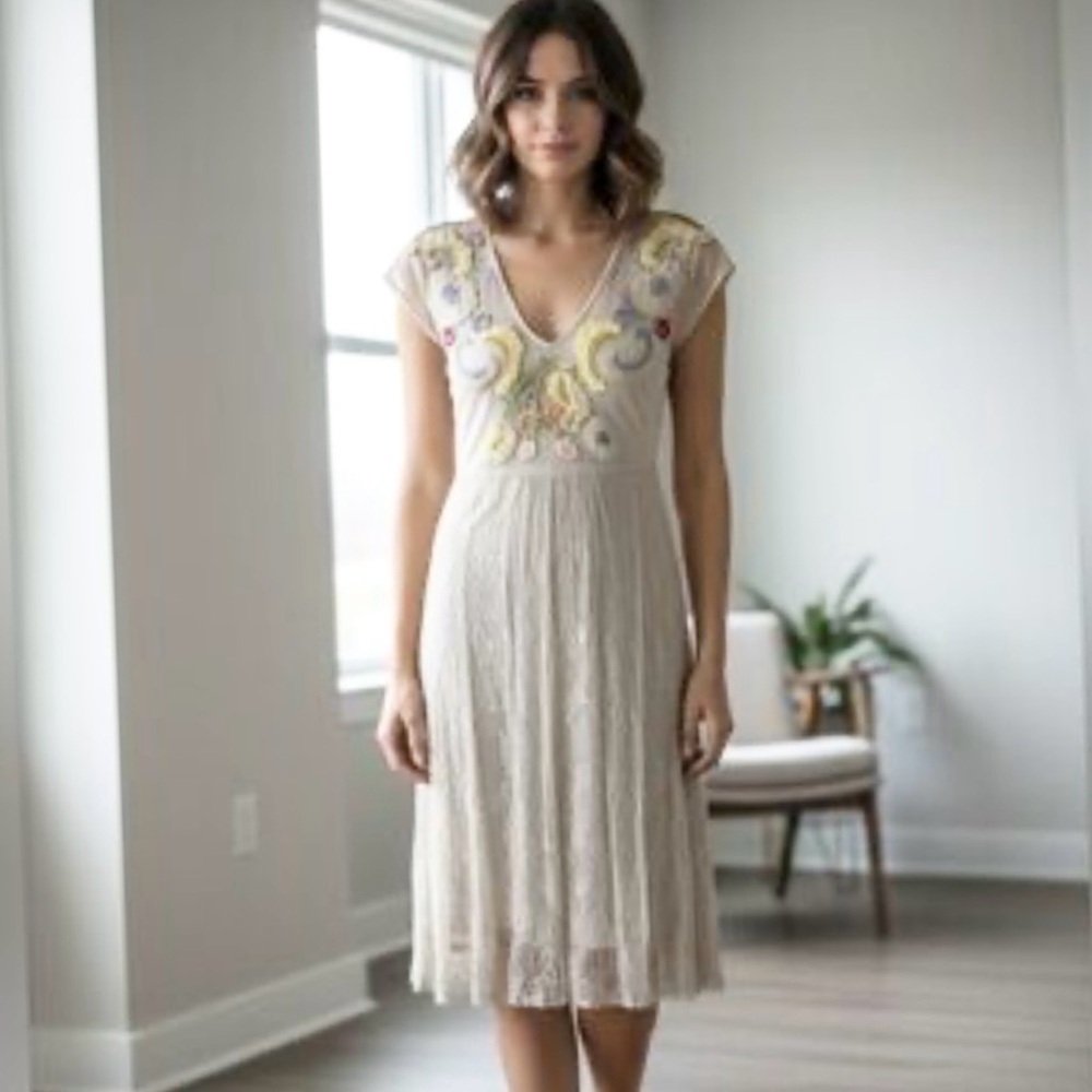BIYA Jonny Was Sheer Sundance Embroidered Floral Short Sleeve Dress